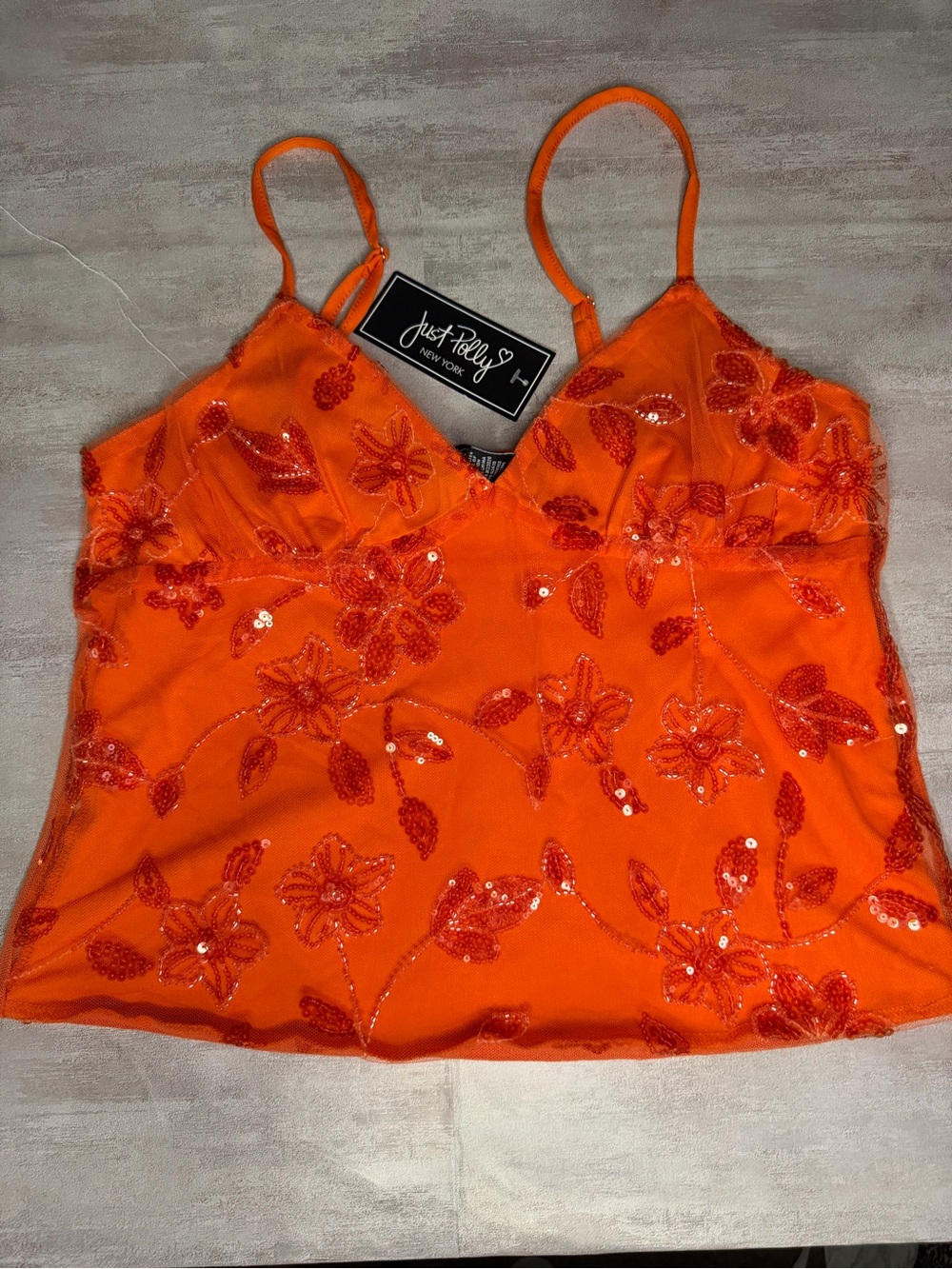 Just Play Orange Sequin Floral Cami Tank Top